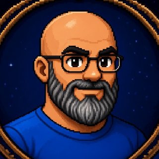 Pixel-art portrait of Rem: bald, glasses, salt-and-pepper beard, blue tee, in a bronze ring frame.