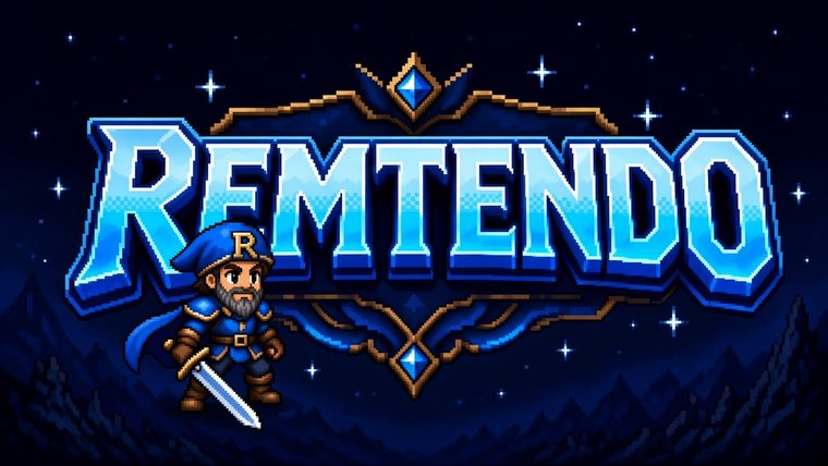 Remtendo logo: glowing ice-blue pixel letters in a bronze frame, with a small pixel knight in a blue R hat holding a sword.